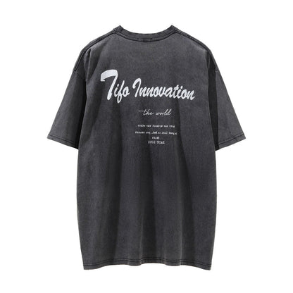 Men Vintage T-Shirt Printed Short-Sleeved T-shirt Men's Ins Distressed round Neck Summer