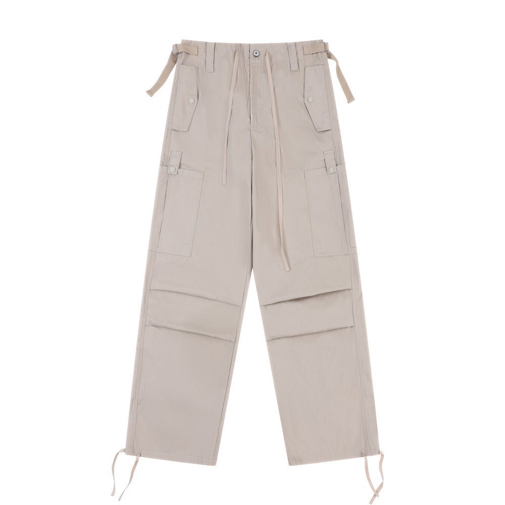 Men Sweatpants Casual Straight Trousers Loose Cargo Pleated Drawstring Ankle Banded Pants