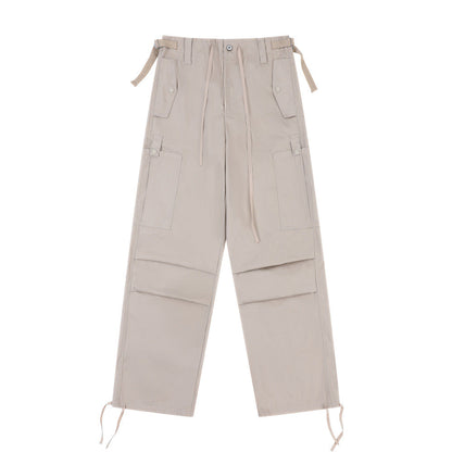 Men Sweatpants Casual Straight Trousers Loose Cargo Pleated Drawstring Ankle Banded Pants