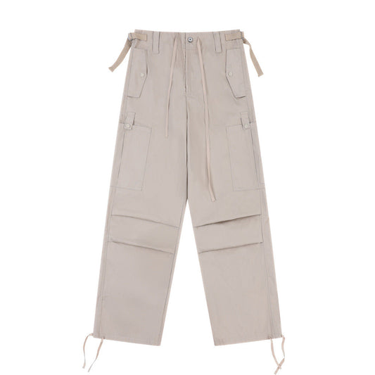 Men Sweatpants Casual Straight Trousers Loose Cargo Pleated Drawstring Ankle Banded Pants