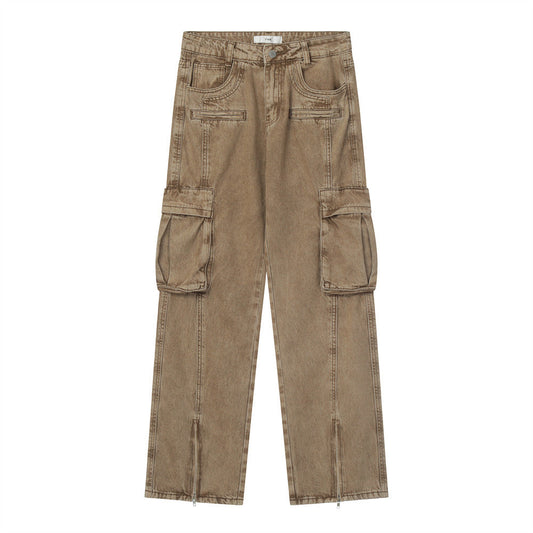 Men Jeans Multi-Pocket Workwear Loose Distressed Stitching