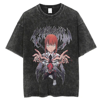 Anime Chainsaw Men Washed Tshirt Retro Hip Hop Streetwear