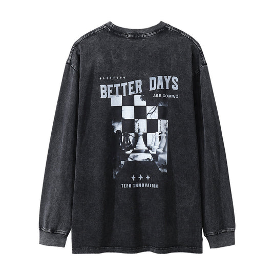 Men Long Sleeve T-Shirt Creative Checkerboard Pattern Distressed