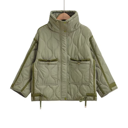 Women Cotton Coat Loose Lapel Diamond Plaid Jacket