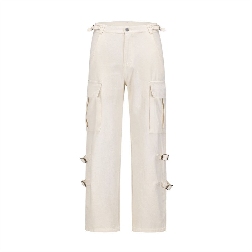 Men Sweatpants Vintage Large Pocket Overalls Loose Casual Straight-Leg Wide Leg Pants Trousers