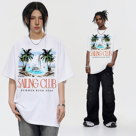 Vintage T-shirts Summer Coconut Vintage Print Short Sleeve Loose Half Sleeve