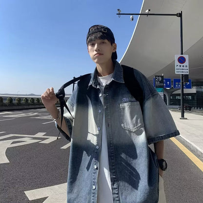 Men Shirts Gradient Color Denim Short Sleeve Shirt Summer