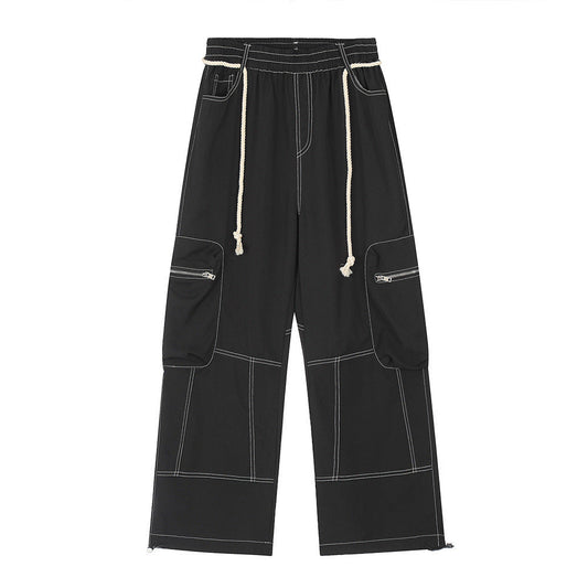Men Sweatpants Workwear Pants Men's Multi-Pocket Straight-Leg Wide-Leg Pants