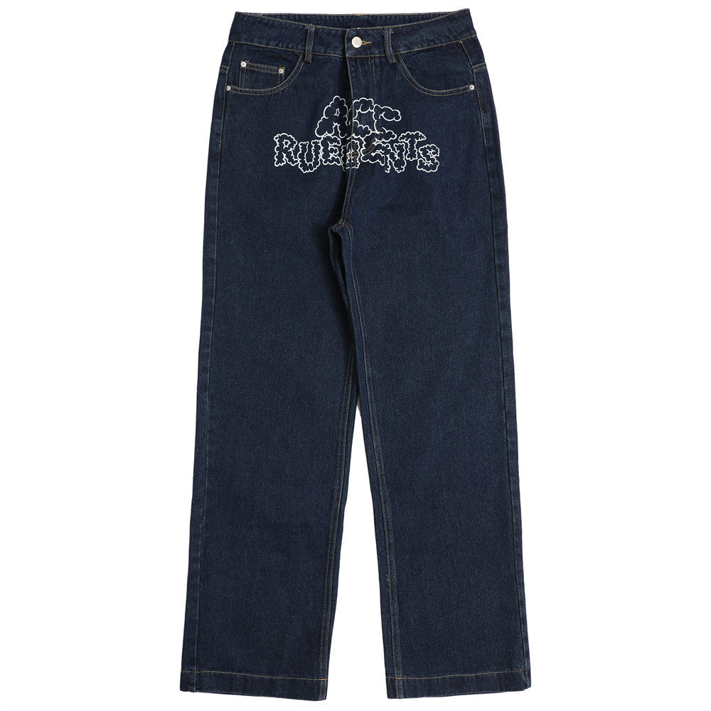 Women Pants Letter Printed Jeans Straight-Leg Trousers Hip Hop Casual Baggy Pants