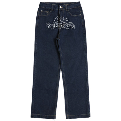 Women Pants Letter Printed Jeans Straight-Leg Trousers Hip Hop Casual Baggy Pants