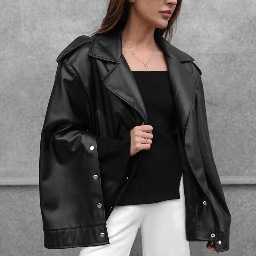 Women Trench Coat PU Leather Jacket Fleece-lined Autumn and Winter Loose