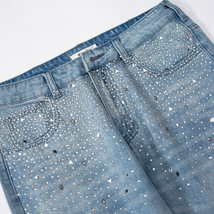 Men Jeans Solid Color Diamond-Embedded Loose Wide-Leg Pants Trendy Casual