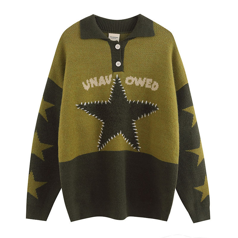 Women Sweater Vintage Preppy Style Polo Lapel Knitted Sweater