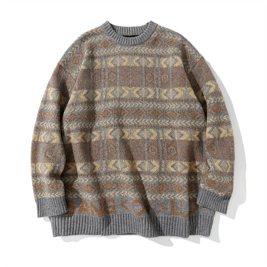 Men Sweater Striped round Neck Sweater Retro Loose Sweater