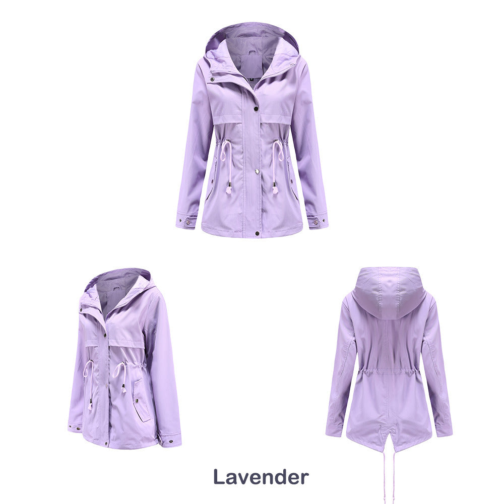 Women Trench Coat Mid-Length Hooded Jacket Long-Sleeved Raincoat