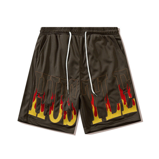 Men Shorts Flame Letter Embroidered Casual Shorts