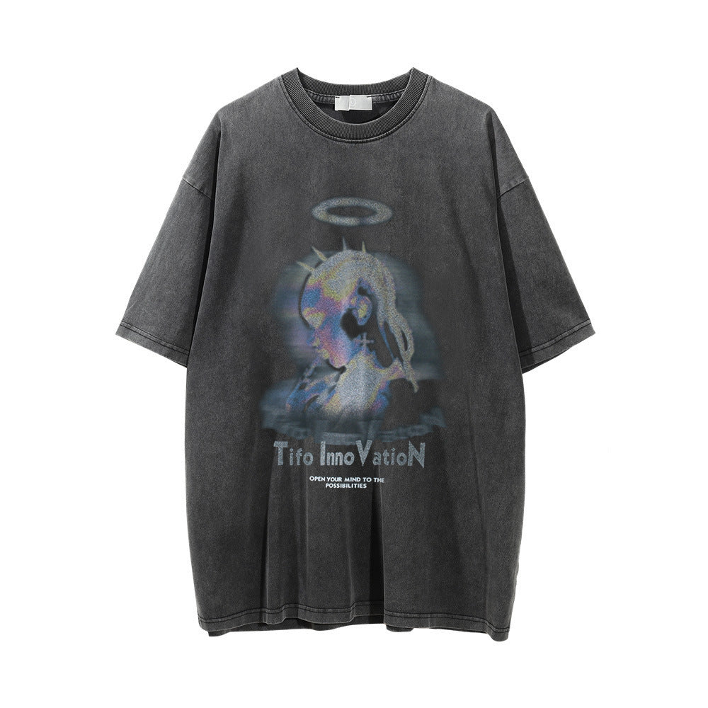 Men Vintage T-Shirt Printed Short Sleeve Washed Distressed T-shirt Men's Loose