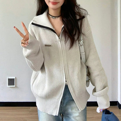 Women Knitted Cardigan Autumn and Winter Loose Sweater Jacket Long-Sleeved Top