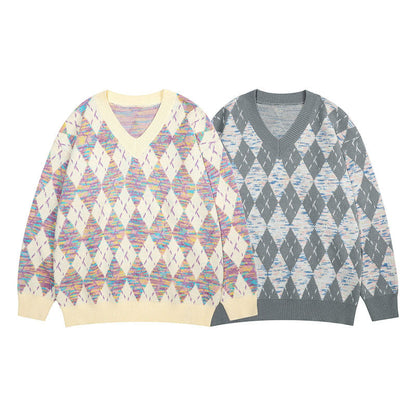 Women Sweater Vintage Diamond Plaid Knitted Sweater