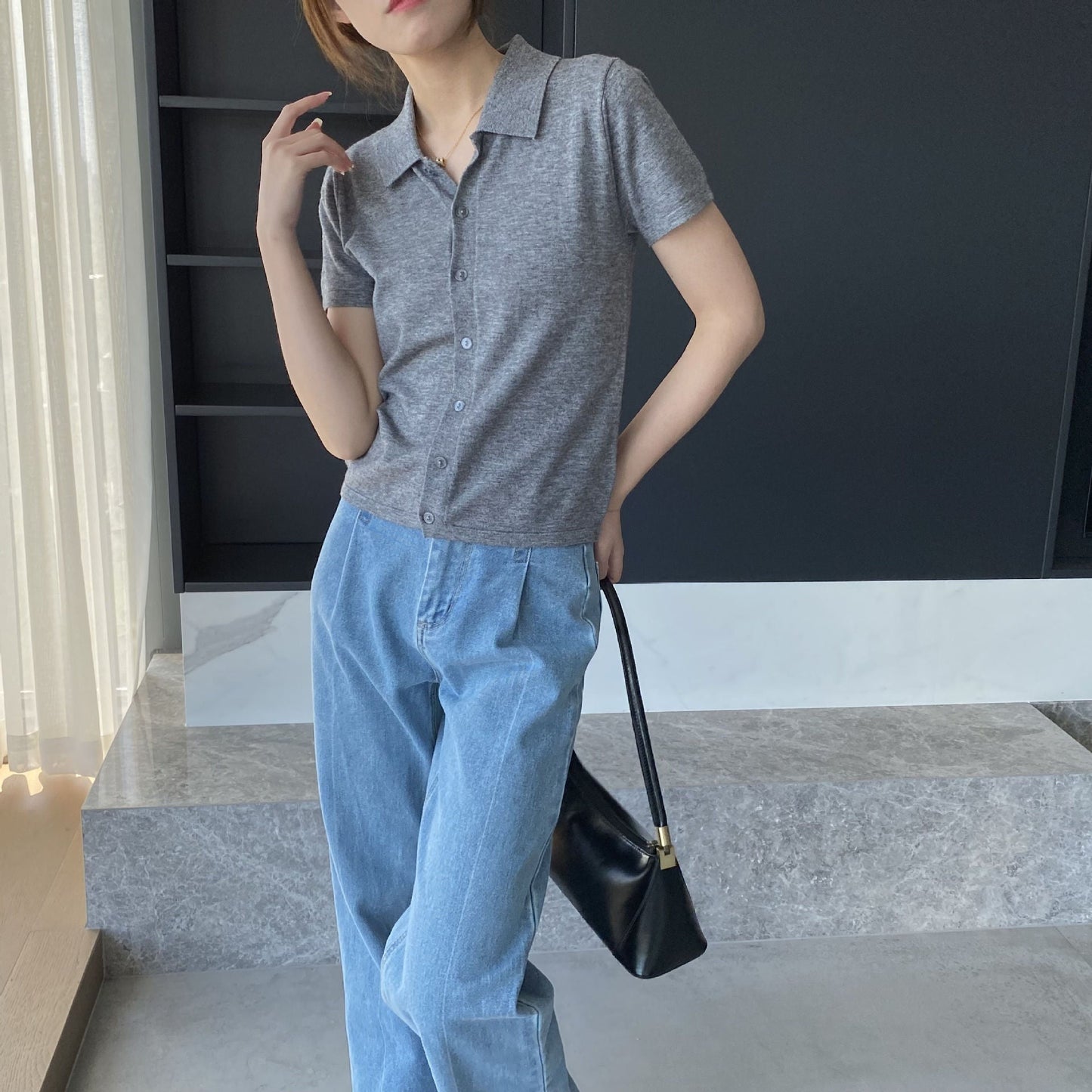 Women Knitted T-shirt Knitted Cardigan Jacket Slim Fit Short Sleeve Polo Collar Top