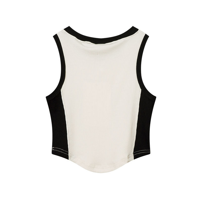 Women Vest Vintage Vintage Printing Color Contrast Sleeveless T-shirt
