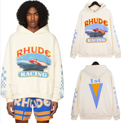 Rhude Hoodie Speedboat Plaid Sleeve Vintage Printed Hooded Sweater Jacket