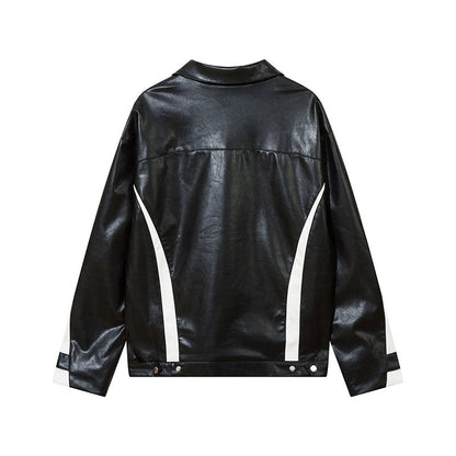 Women Jackets PU Leather Color Contrast Patchwork Motorcycle Jacket Vintage