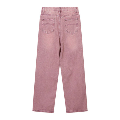 Women Pants Pink Straight Ripped Jeans for Women