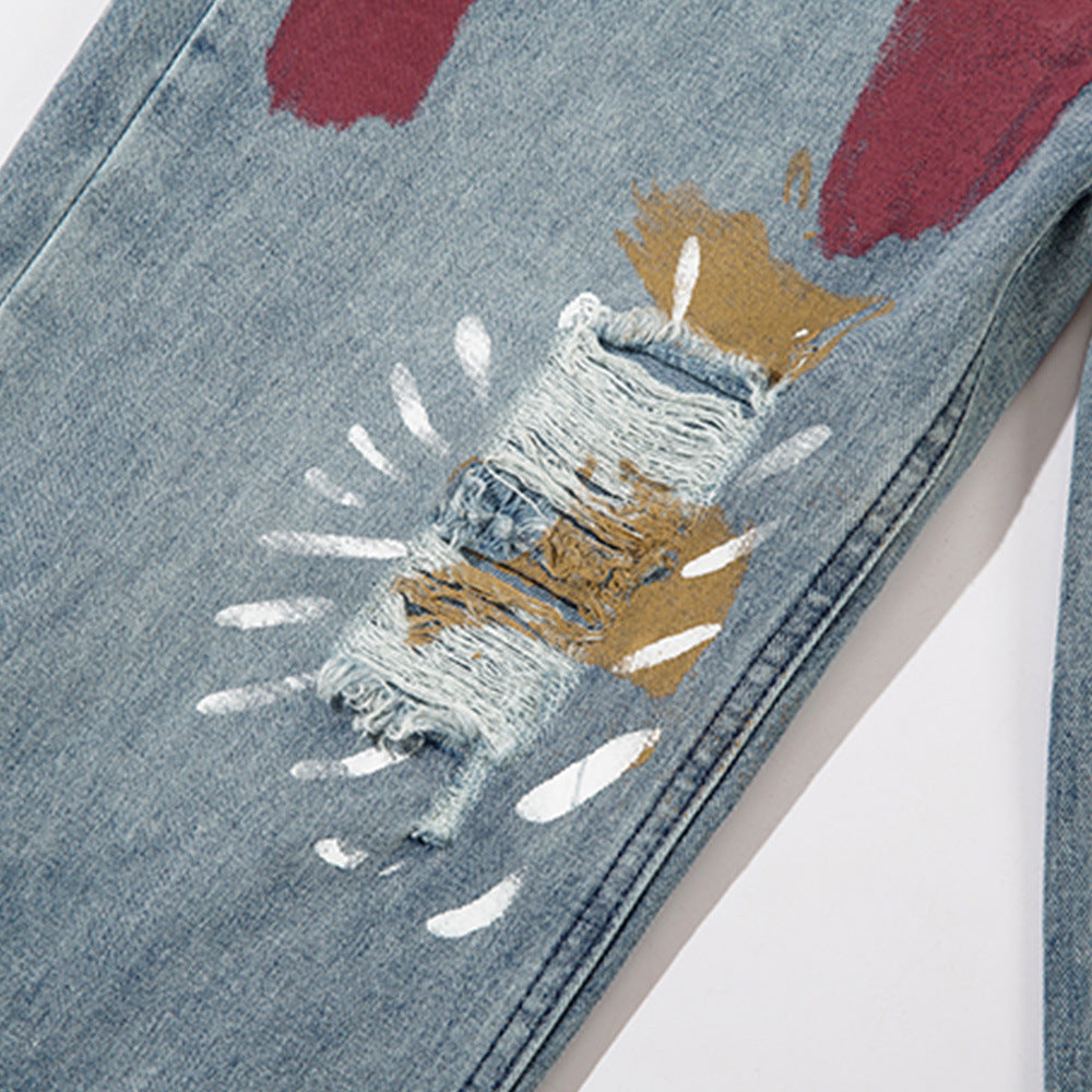 Women Pants Graffiti Ripped Straight Jeans Loose High Waist Wide Leg Pants Trousers