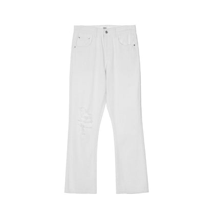 Men Jeans Solid Color Ripped Distressed Loose Trendy Slightly Flared