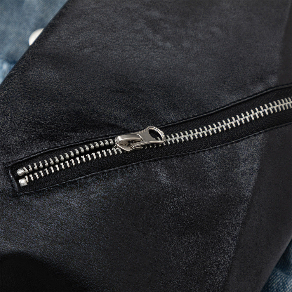 Men Jacket Coat PU Leather Sleeve Denim Jacket Men Lapel Motorcycle Clothing Coat