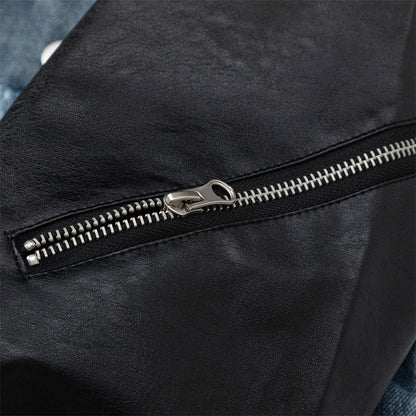 Men Jacket Coat PU Leather Sleeve Denim Jacket Men Lapel Motorcycle Clothing Coat