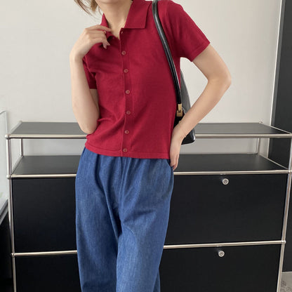 Women Knitted T-shirt Knitted Cardigan Jacket Slim Fit Short Sleeve Polo Collar Top