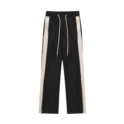Men Sweatpants Patchwork Contrast Color Straight Casual Pants Elastic Waist Leg Zipper Loose Trousers