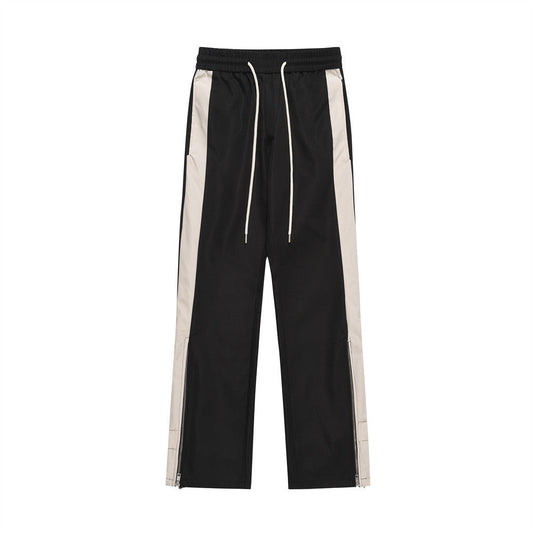 Men Sweatpants Patchwork Contrast Color Straight Casual Pants Elastic Waist Leg Zipper Loose Trousers