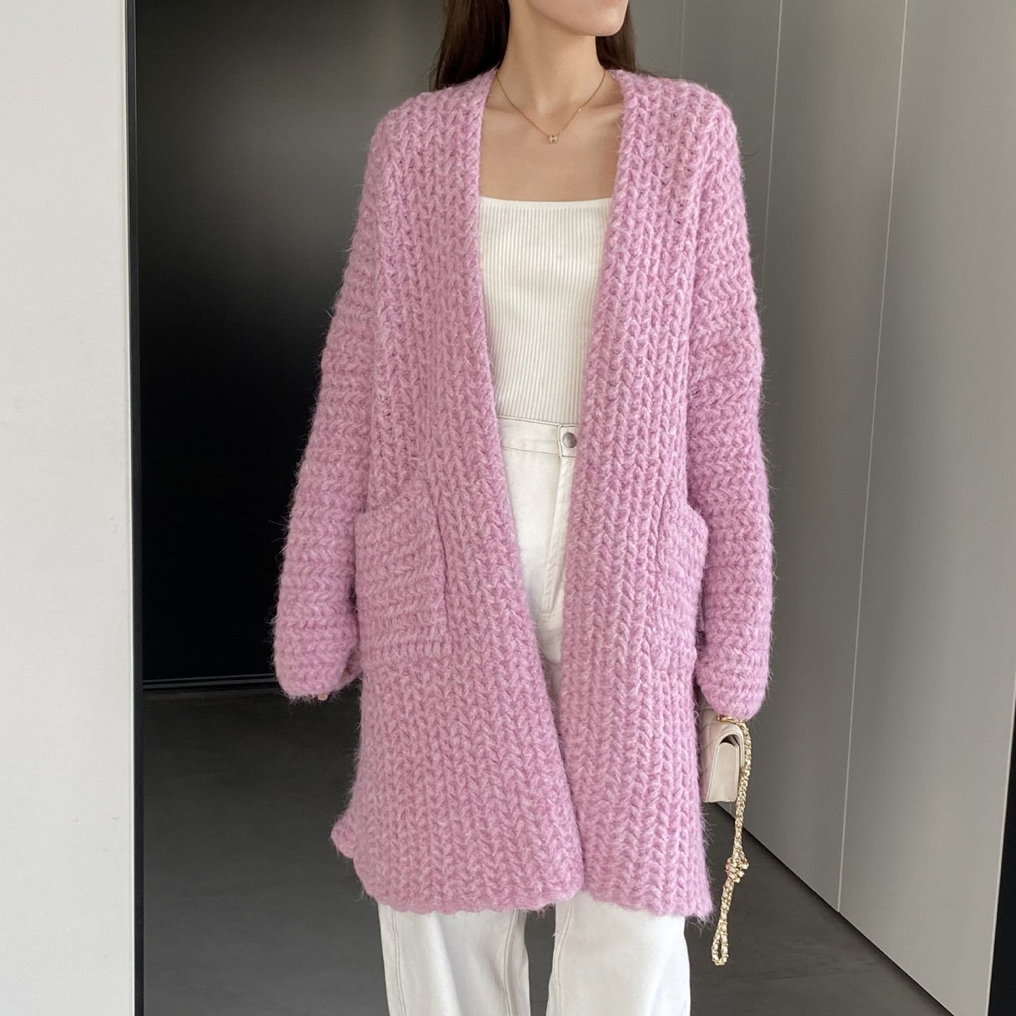 Women Cardigan Sweater Autumn and Winter Loose Pocket Texture Interwoven Long Cardigan Jacket Kc81
