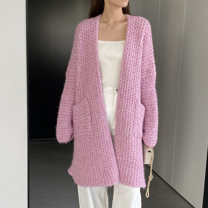 Women Cardigan Sweater Autumn and Winter Loose Pocket Texture Interwoven Long Cardigan Jacket Kc81