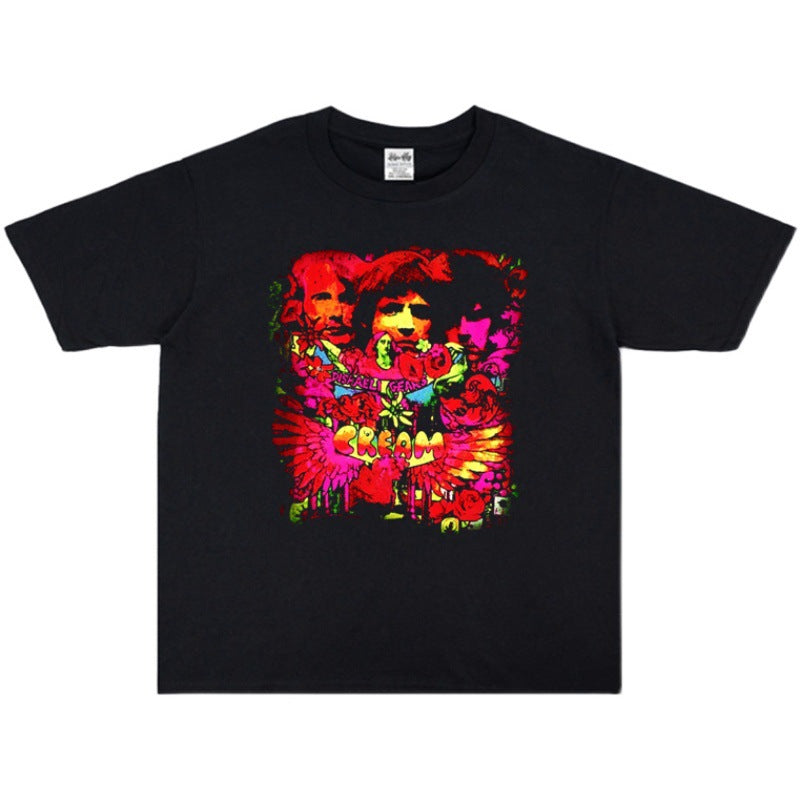 Rock Star T Shirt Cream Band Printed Washed Distressed T-shirt Short Sleeve Loose round Neck Cotton Men and Women