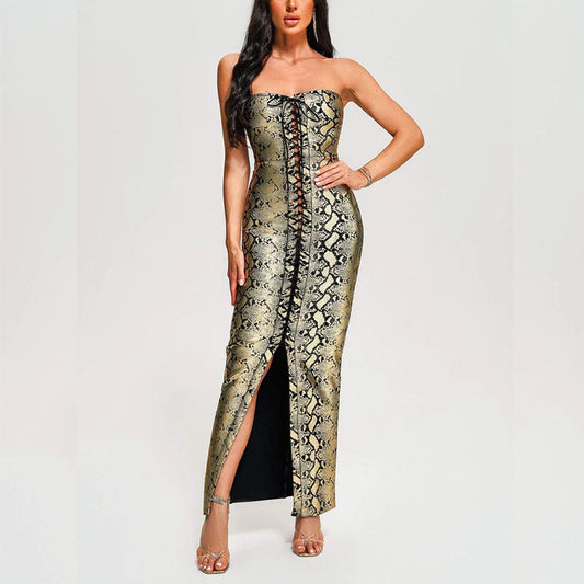 Women Evening Dress Python Print Long Dress Bandage Sexy Slit Dress