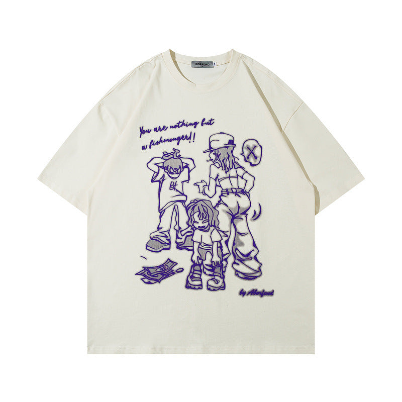 Men T-Shirt Retro Cartoon Printed Short-Sleeved T-shirt