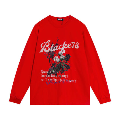 Men Long Sleeve T-Shirt Flowers Printed Bottoming Shirt Loose