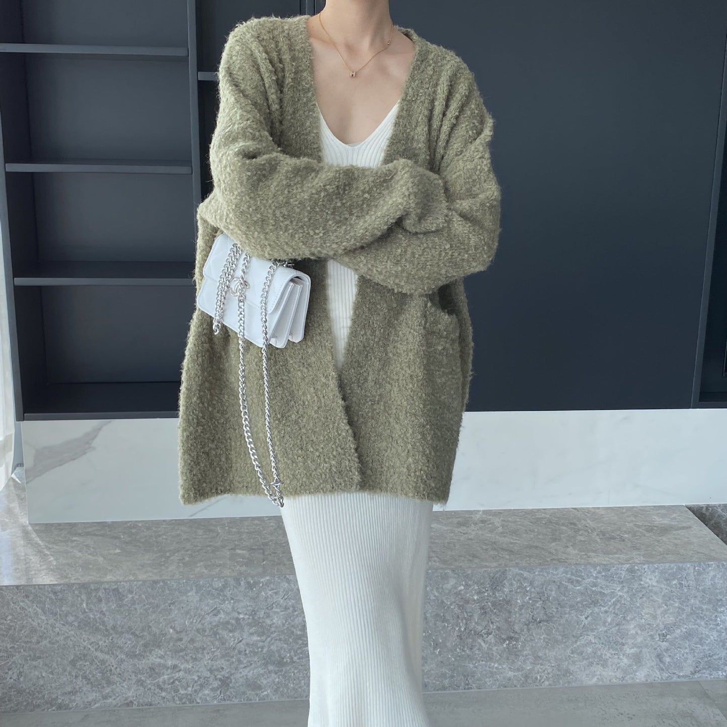 Women Cardigan Sweater V-neck Cardigan Jacket Long-Sleeved Loose Sweater Women's Mid-Length Coat 3t667