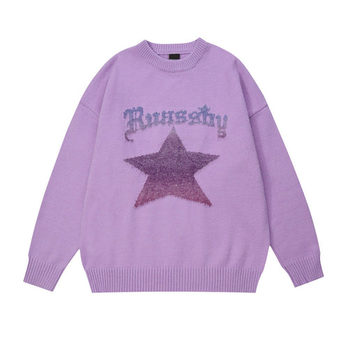 Men Sweater Hip Hop Five-Pointed Star Jacquard round Neck Knitted Shirt