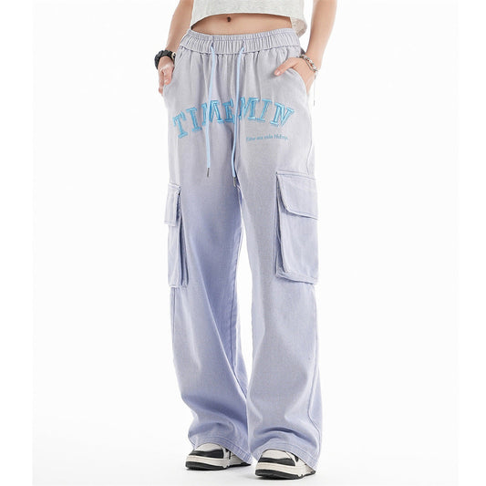 Men Sweatpants Wash Water Gradient Tie-Dye Straight-Leg Trousers Embroidery Loose Pockets Workwear Casual Pants