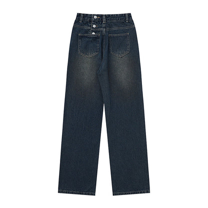 Women Pants Fastener Decoration Straight Jeans Women Loose Wide Leg Pants Retro Trousers