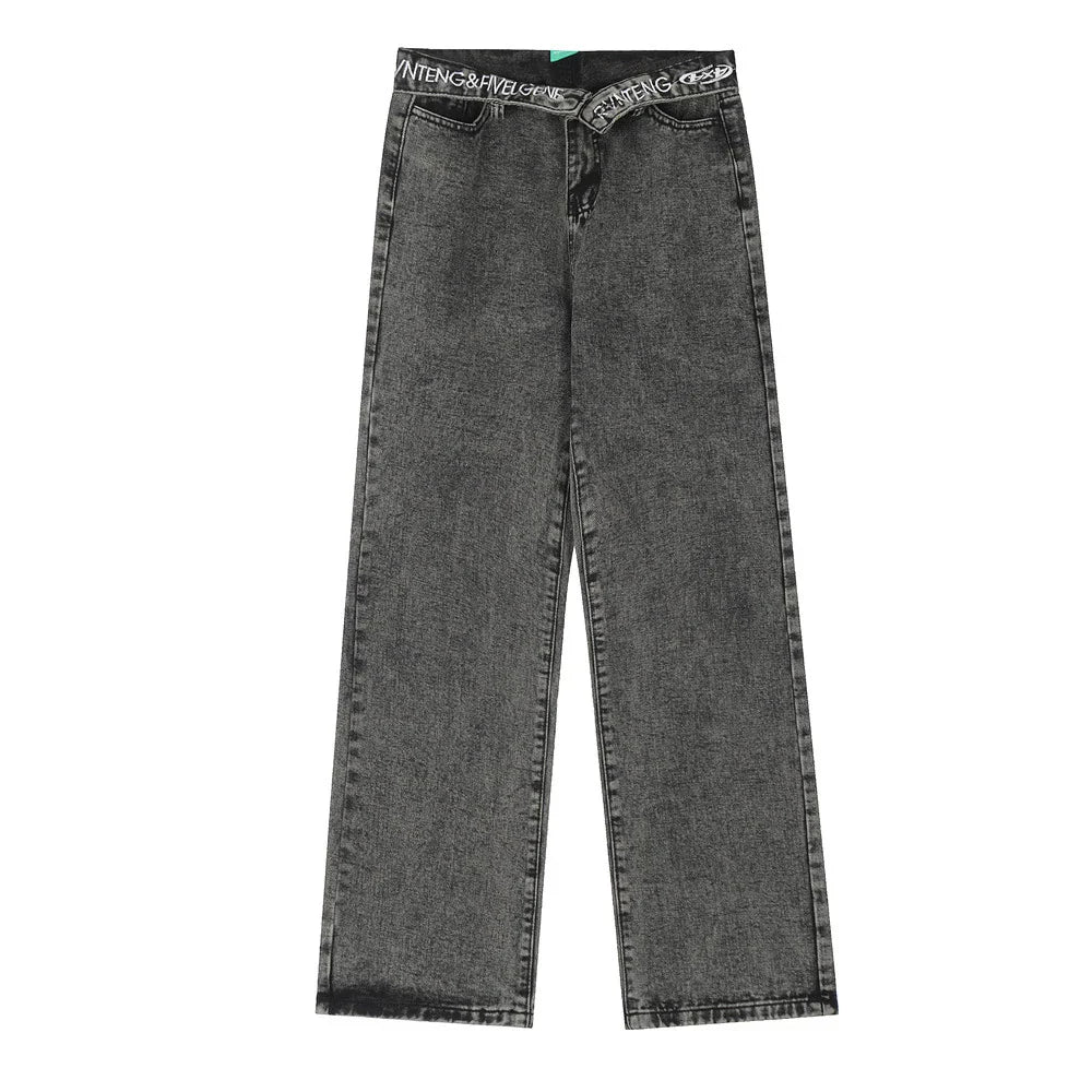 Women Pants Flanging Letter Embroidered Jeans Straight-Leg Pants