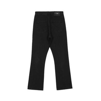 Men Jeans Solid Color Ripped Distressed Loose Trendy Slightly Flared