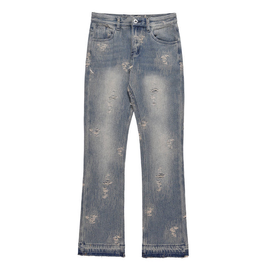 Men Jeans Hole Vintage Washed Loose Burrs Slightly Flared