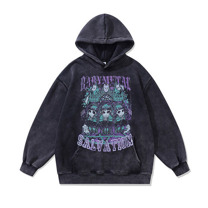 Men Hoodie Autumn and Winter Cartoon Printing plus Velvet Washed Loose Retro Couple Hooded Sweater Men and Women
