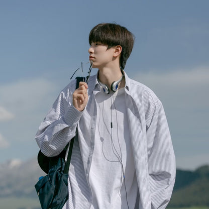 Men Shirts Striped Long Sleeve Loose Casual Jacket